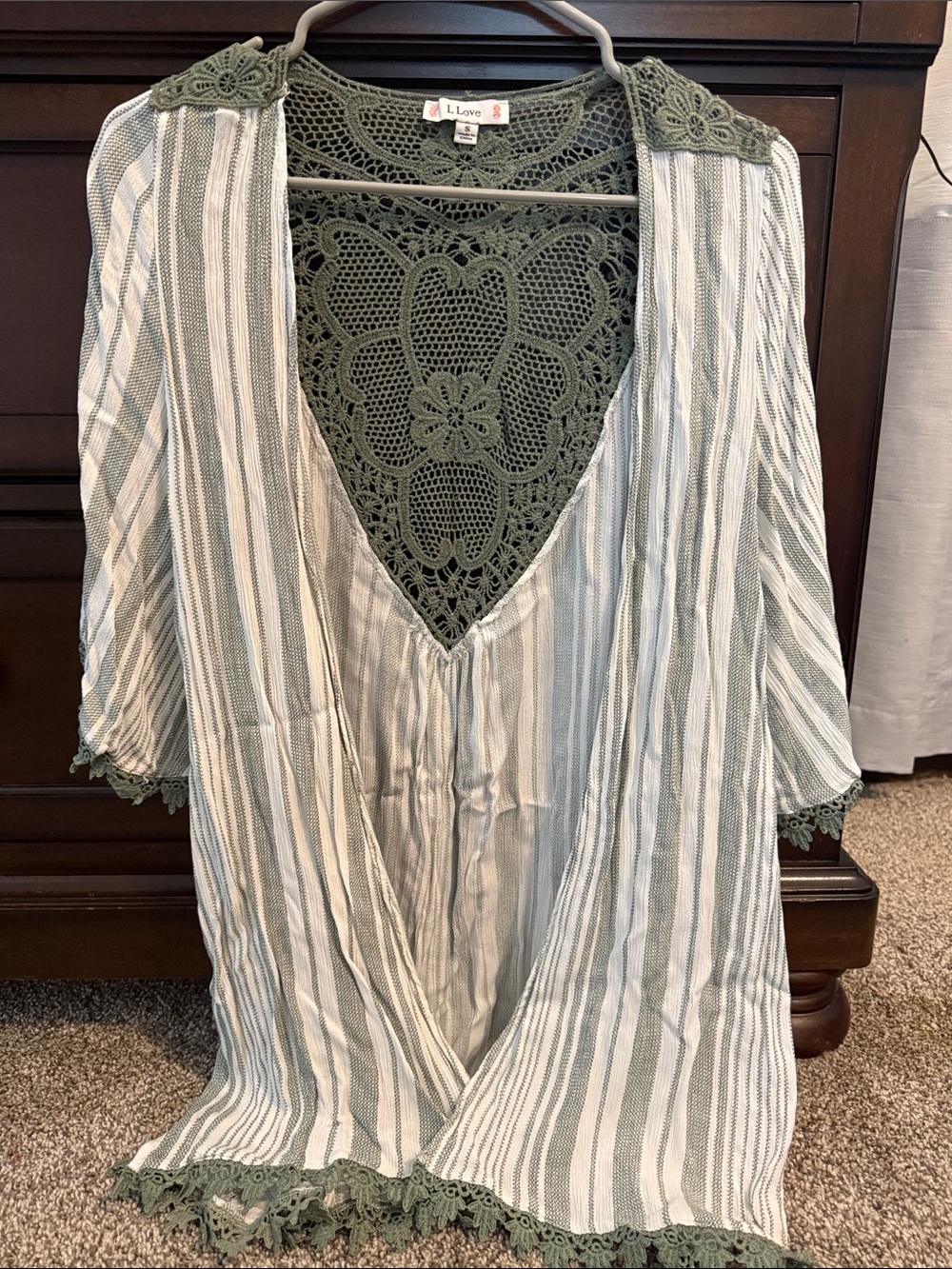 Love Striped Swim Cover-Up with Sage Crochet Back